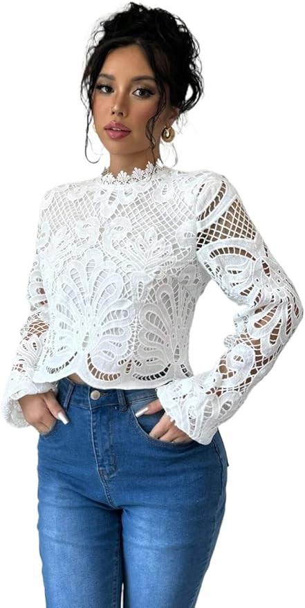 Women's Casual Trendy T-Shirt Autumn French Fitted Lace Cropped Casual Blouse | Amazon (US)