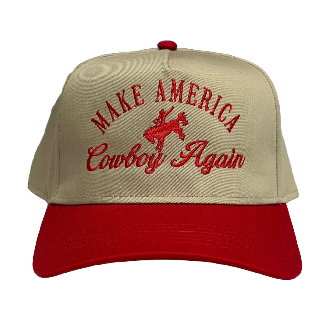 Make America Cowboy Again Khaki/red Trucker Hat, Country Concert Hat, Embroidered Hat, Trendy Tru... | Etsy (US)