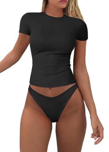Women Bodycon Fitted Basic Tee Round Neck Short Sleeve Y2K Workout Top Black S | Amazon (US)