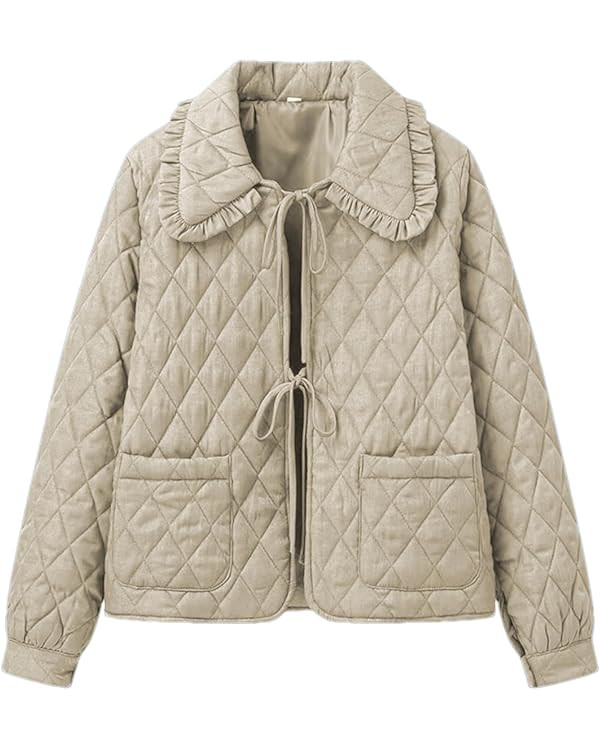 Women's Quilted Lightweight Jackets Long Sleeve Winter Cropped Cotton Padded Coat Jacket Bow Tie ... | Amazon (US)