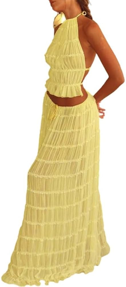 Womens 2 Piece Maxi Skirt Set Lace Up Sleeveless Tank Top and Flowy Long Skirt 2024 Summer Beach ... | Amazon (US)