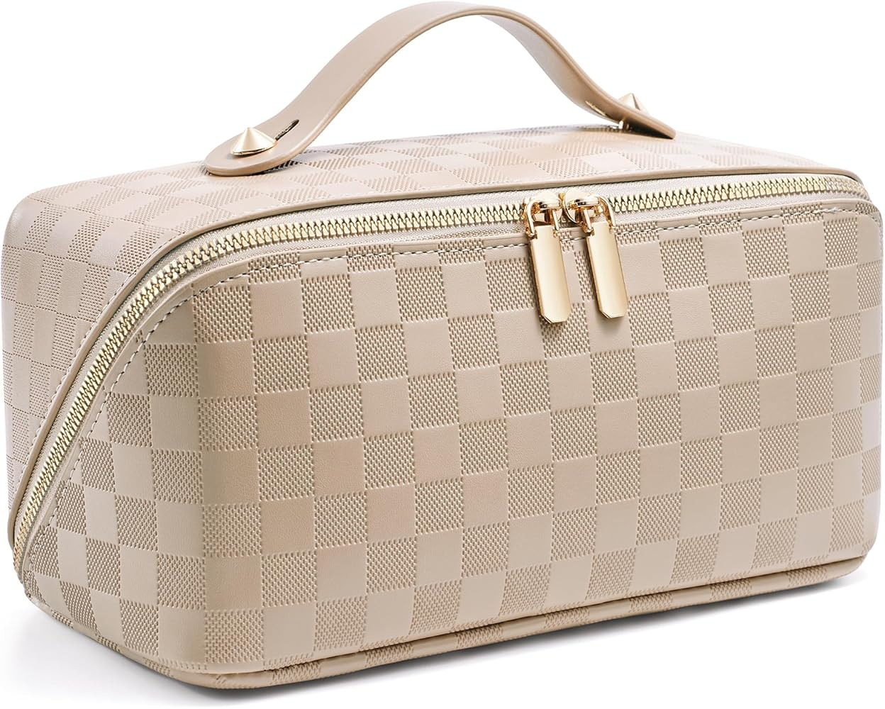Large Capacity Travel Cosmetic Bag - Portable Makeup Bags for Women Waterproof PU Leather Checker... | Amazon (US)
