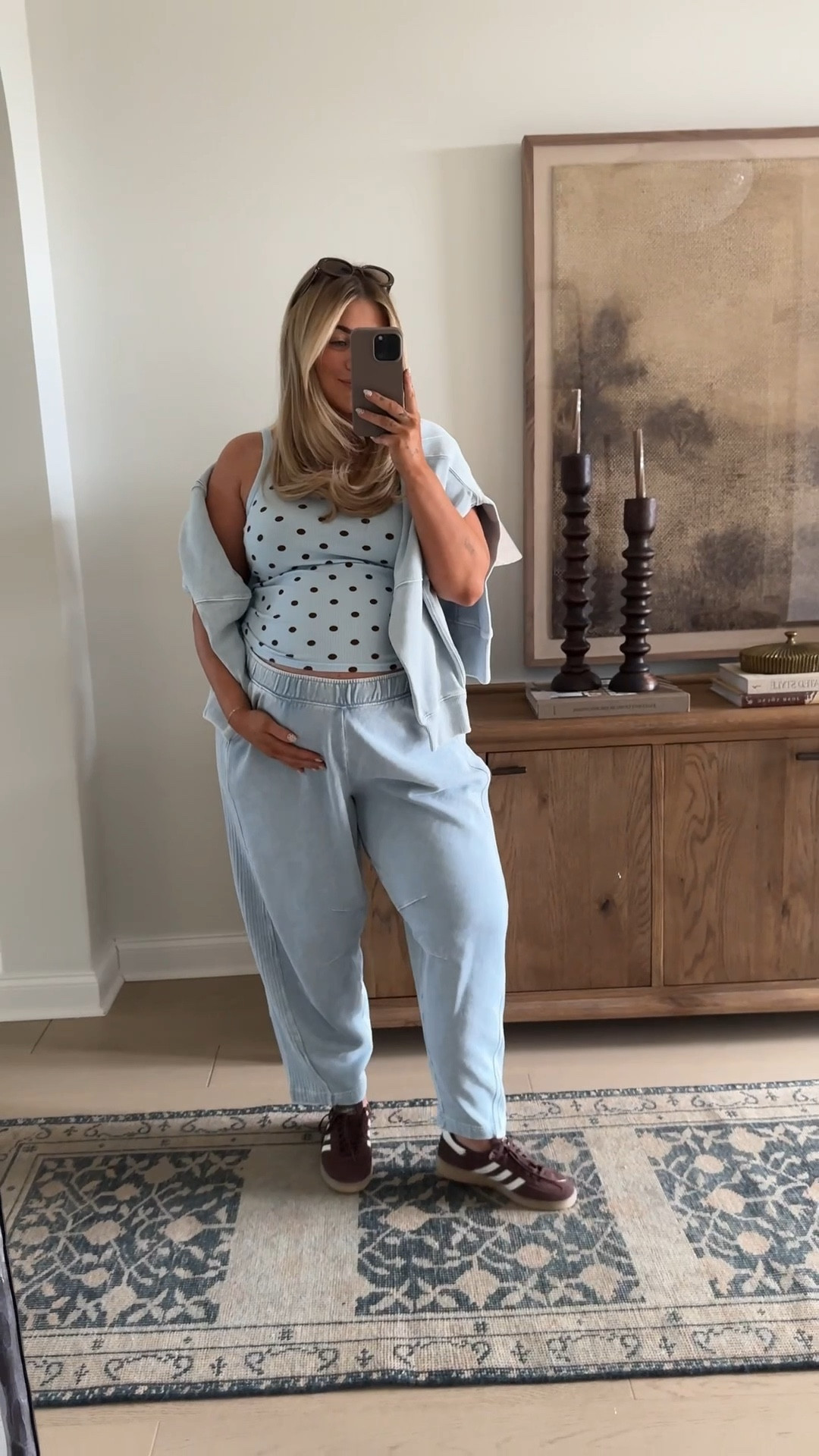 My recent aerie order!! I’ve been sizing up 1 size in everything while pregnant! 

Outfit 1
Tank — large 
Sweatshirt — XL 
Pants — XL 

outfit 2 
Bra — xl
Leggings — xl
Sweatshirt — xl

Outfit 3 
Peplum top — medium (too small in chest) 
Button down — xl
Pants — xl regular 

Outfit 4
Top — large (runs big) 
Cardigan — large 
Pants — xl 