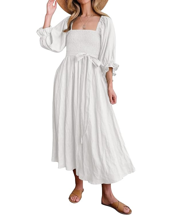 Les umes Womens Summer Dress with Belt Half Ruffle Lantern Sleeve Ladies Casual Multi Wear Maxi E... | Amazon (US)