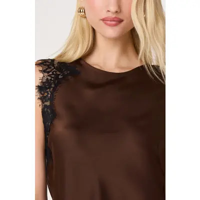 ASTR the Label Beth Lace Detailed Asymmetric Top in Brown at Nordstrom, Size Large | Nordstrom