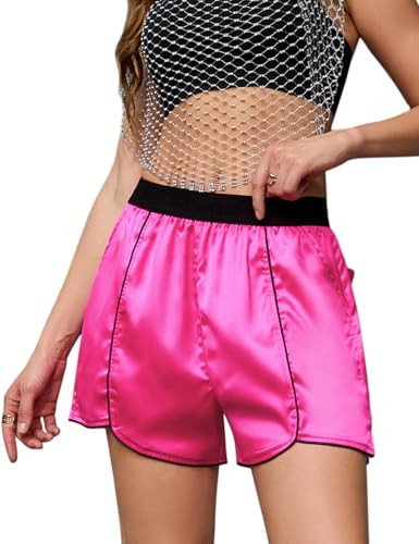 Perfashion Women Neon Hot Pink Satin Shorts Silk Going Out Y2K Metallic Dolphin Shorts Streetwear Disco with Pocket Size S | Amazon (US)