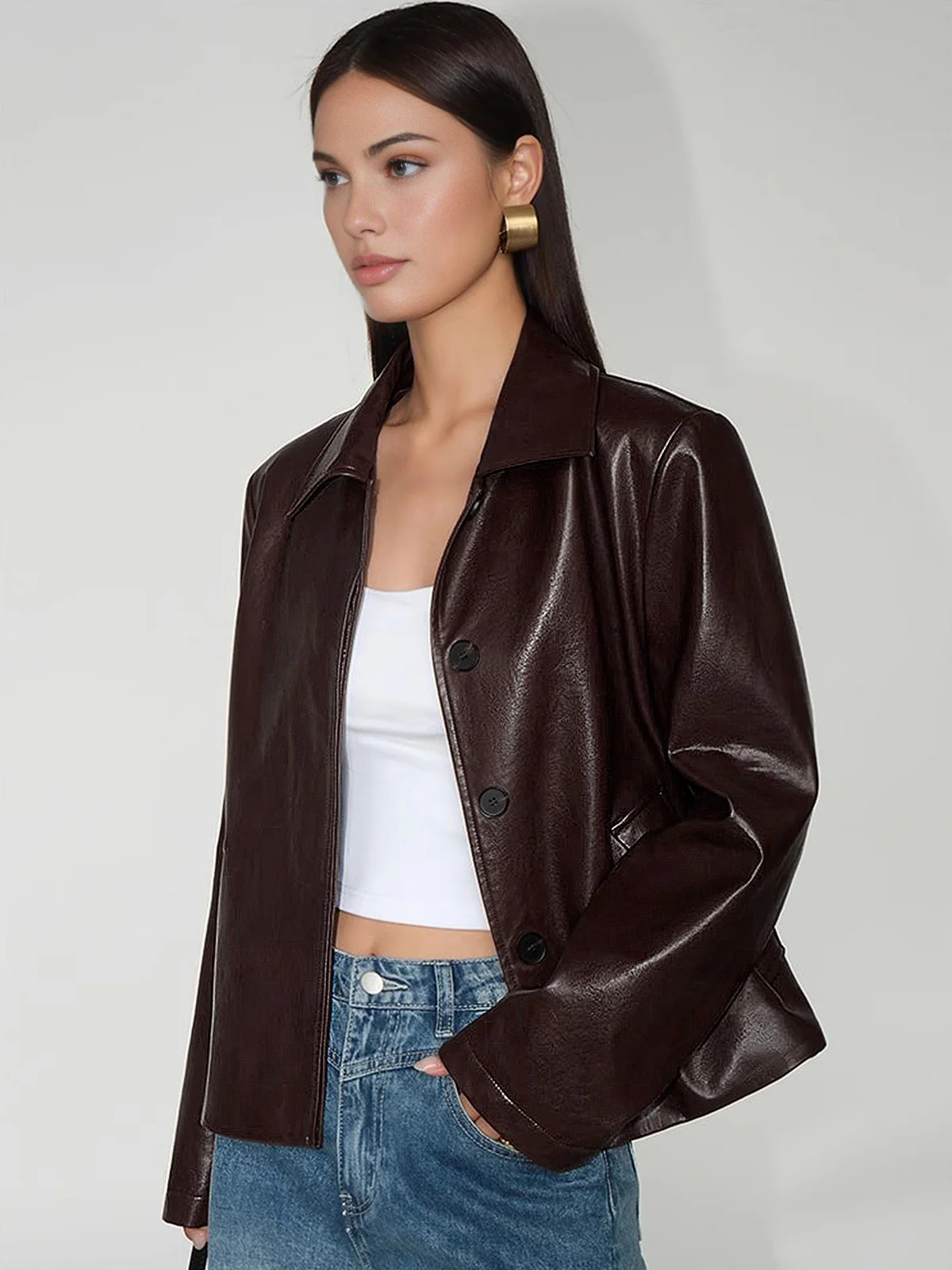 Faux Leather Zipper Short Polo Jacket | Commense
