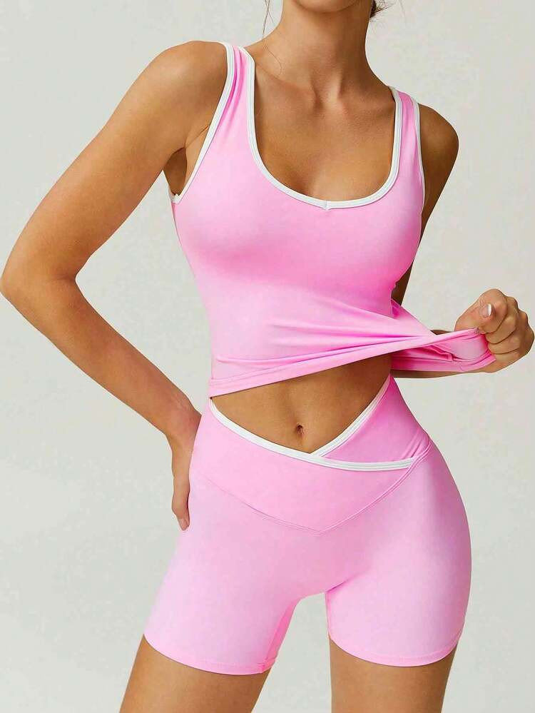 NcmRyu Summer Workout NcmRyu Women Contrast Color Sports Bra And High Waist Tight Shorts Set | SHEIN