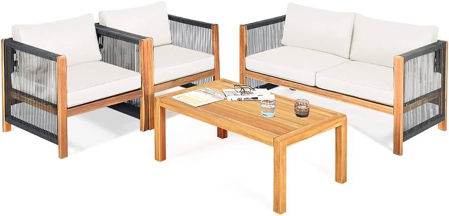 Tangkula Outdoor Wood Furniture Set, Acacia Wood Loveseat Sofa, 2 Single Chairs and Coffee Table, 4 Pieces Conversation Set with Cushions, Garden Balcony Poolside Outdoor Living Set (1, White) | Amazon (US)