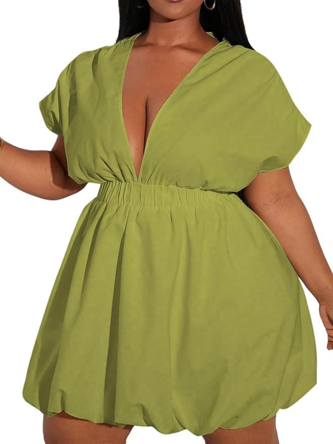 WDIRARA Women's Plus Size Deep V Neck Bubble Dress Short Sleeve A Line Mini Dresses | Amazon (US)