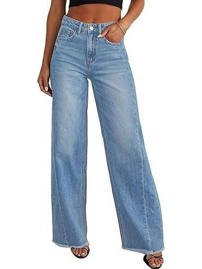 PRETTYGARDEN Wide Leg Jeans for Women Trendy High Waisted Stretchy Baggy Raw Hem Denim Palazzo Pa... | Walmart (US)