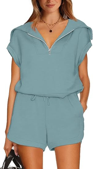 WIHOLL Womens Two Pieces Outfits Summer Half Zip Lapel Collar Short Sleeve Sweatshirt Lounge Set ... | Amazon (US)