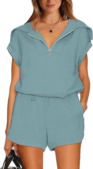 WIHOLL Womens Two Pieces Outfits Summer Half Zip Lapel Collar Short Sleeve Sweatshirt Lounge Set ... | Amazon (US)