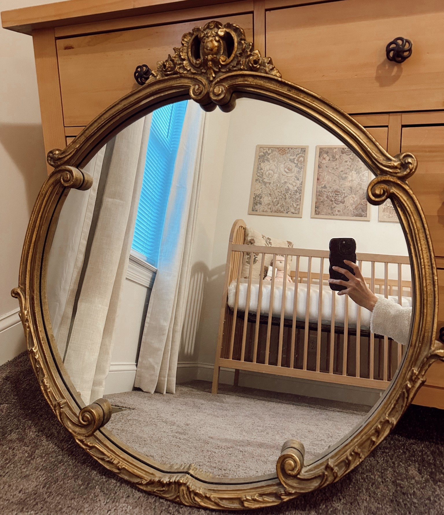 Gold mirror for above a dresser, wall art, nursery decor, home decor, wall mirror, nursery for a girl, baby girl nursery, nursery inspo 

my great grandmas mirror 🥹✨ can’t wait to see this room come together- linking gold / brass mirrors that are similar! 

#LTKBaby #LTKHome