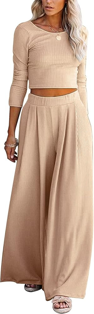 Frolitre Women's Ribbed Lounge Set Long Sleeve Crop Top and Wide Leg Pants Knit Pajamas Sets Casu... | Amazon (US)