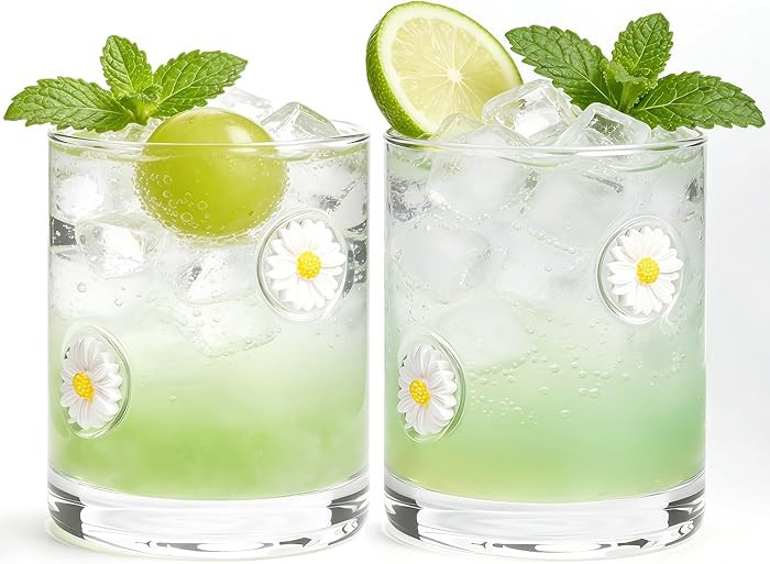 2 Pcs Handmade Daisy Icon Juice Glass Cup, Durable Heat-Resistant Glass, 14 oz Double Old Fashion... | Amazon (US)