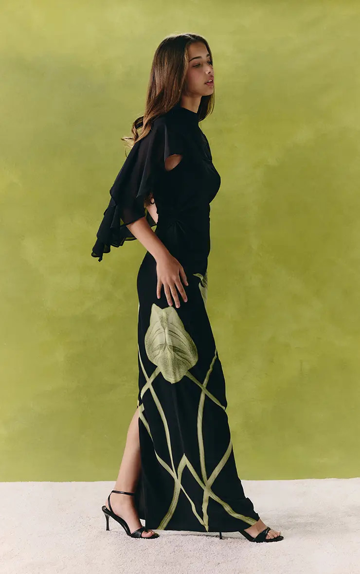 Black Floral Printed Chiffon Cape Overlay Maxi Dress | PrettyLittleThing | PrettyLittleThing UK