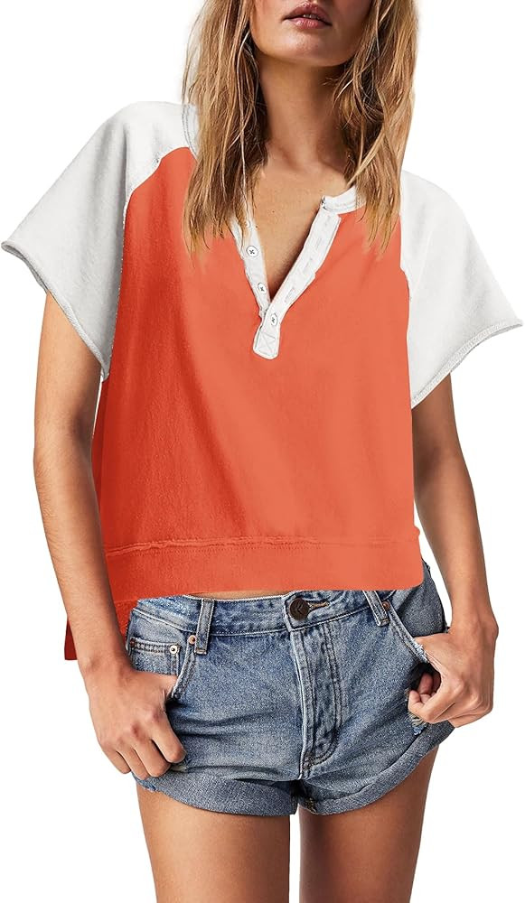 Panadila Womens Color Block Short Sleeve Tops Oversized Tshirts Summer Raglan Shirt Casual Crop C... | Amazon (US)