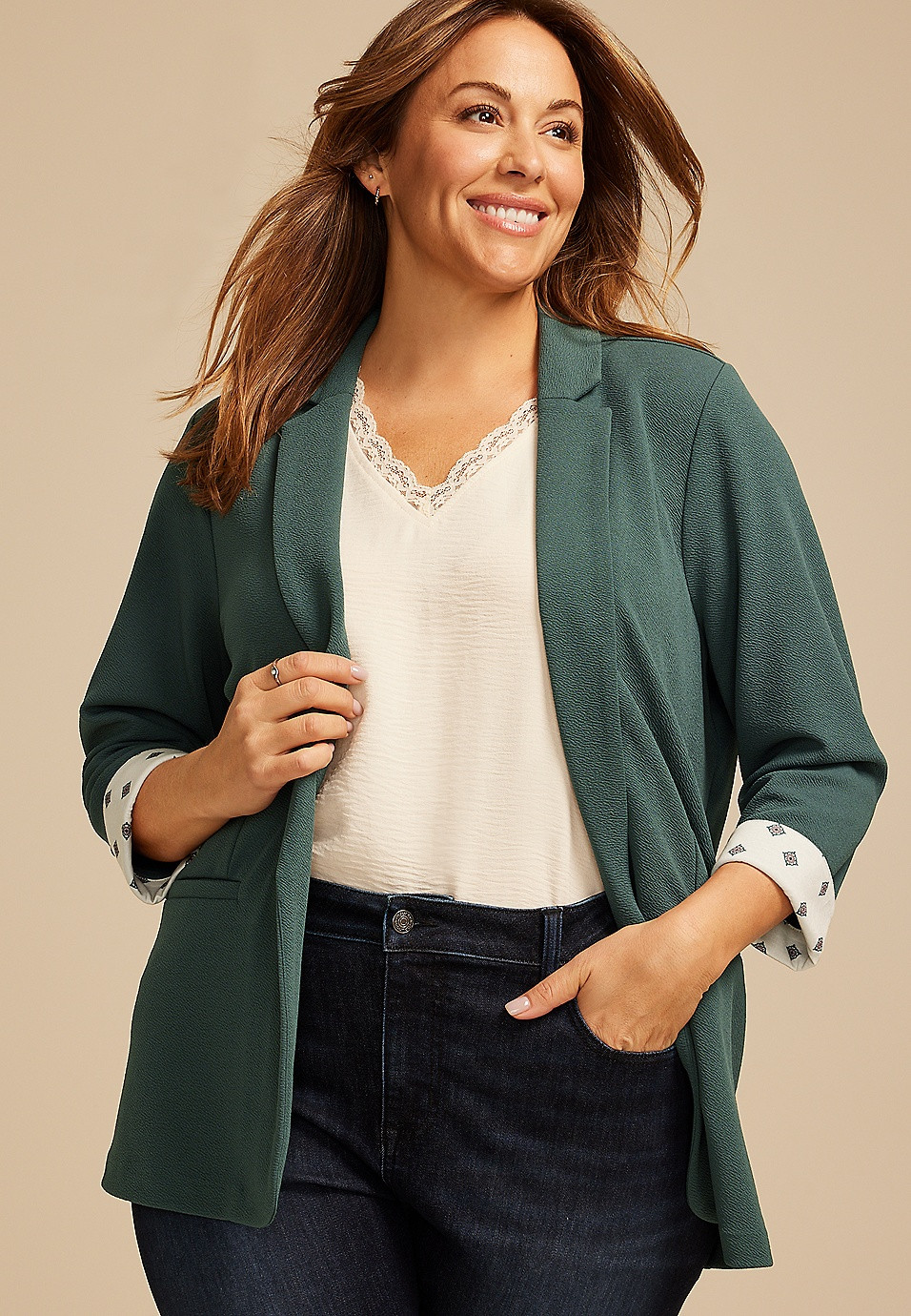Plus Size Versa Printed Cuffed 3/4 Sleeve Blazer | Maurices