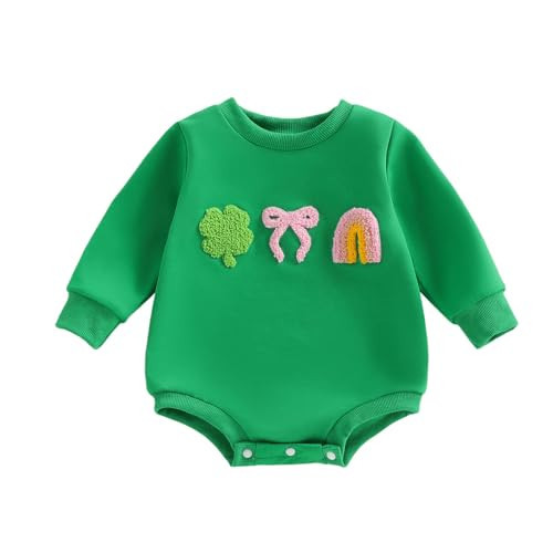 Rourufy St Patricks Day Baby Girl Outfit Shamrock Bow Bubble Romper Sweatshirt Newborn Infant Onesie Top Spring Clothes (K Shamrock Bow Green, 3-6 Months) | Amazon (US)