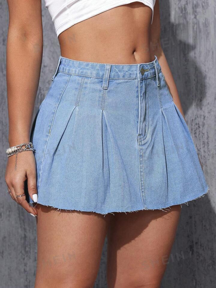 SHEIN ICON Pleated Denim Skirt | SHEIN