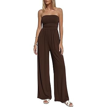 BTFBM Jumpsuits For Women Summer 2026 Beach Vacation Strapless Tube Top Jumpsuit Ruched Casual Wi... | Amazon (US)