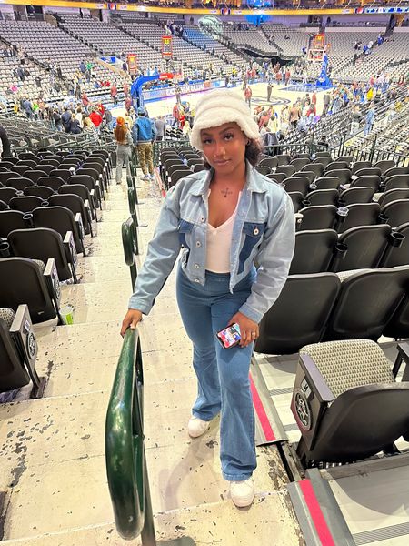 Denim Jean on Jean outfit 💙 Double toned blue Jean jacket, flared jeans, white crop top, white sneakers and white fuzzy bucket hat 💙

#LTKHoliday #LTKstyletip #LTKunder50