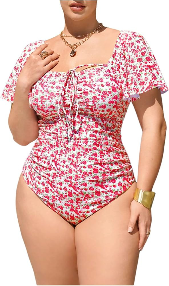 Floerns Women's Plus Size Floral One Piece Swimsuit Square Neck Ruffle Sleeve Bathing Suit | Amazon (US)