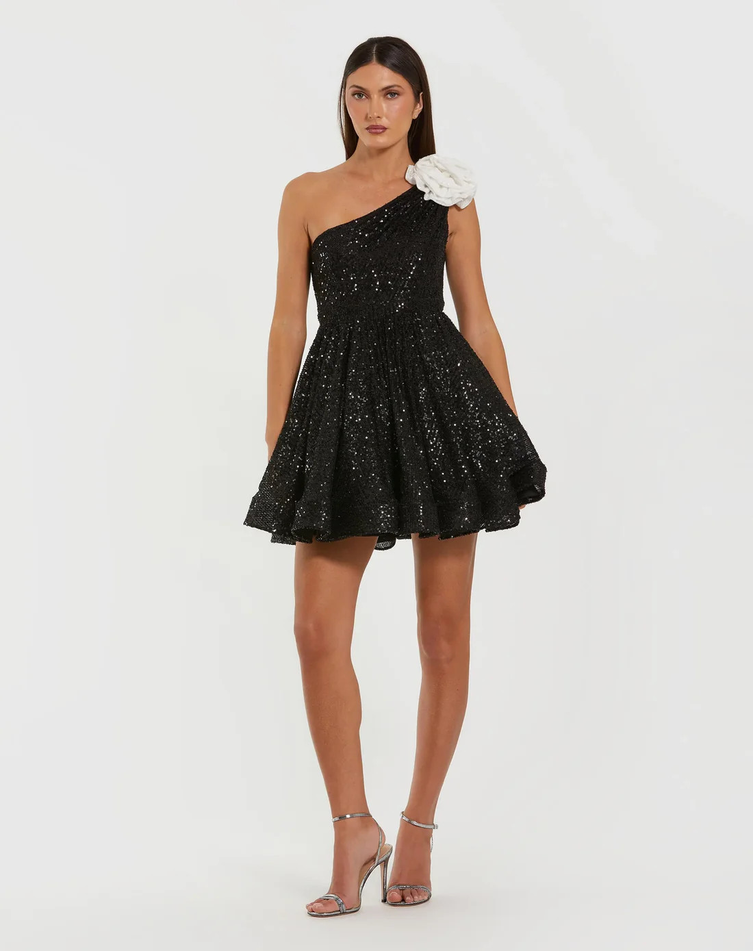 Black One Shoulder Sequin Mini Dress With 3D Flower | Mac Duggal | Mac Duggal