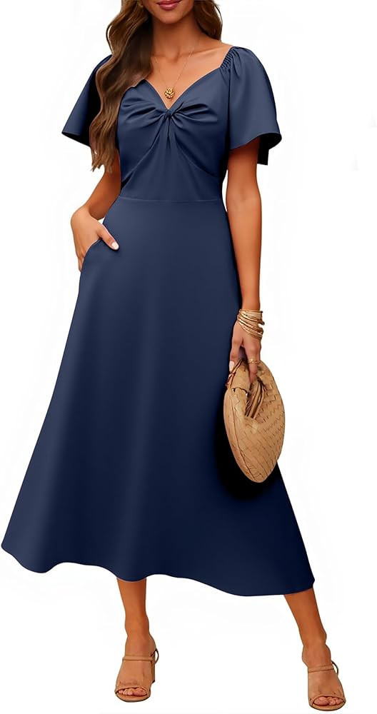 ECOWISH Womens Summer Maxi Dresses: 2026 Casual Flutter Short Sleeve Twist Front Long Flowy Weddi... | Amazon (US)