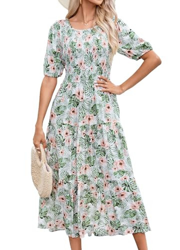 QRRLUEN Chic Bohemian Ruffle Midi Women's Dress - Floral Elegance, Puff Sleeves, Summer Perfection Green Leaves and Pink Flowers | Amazon (US)