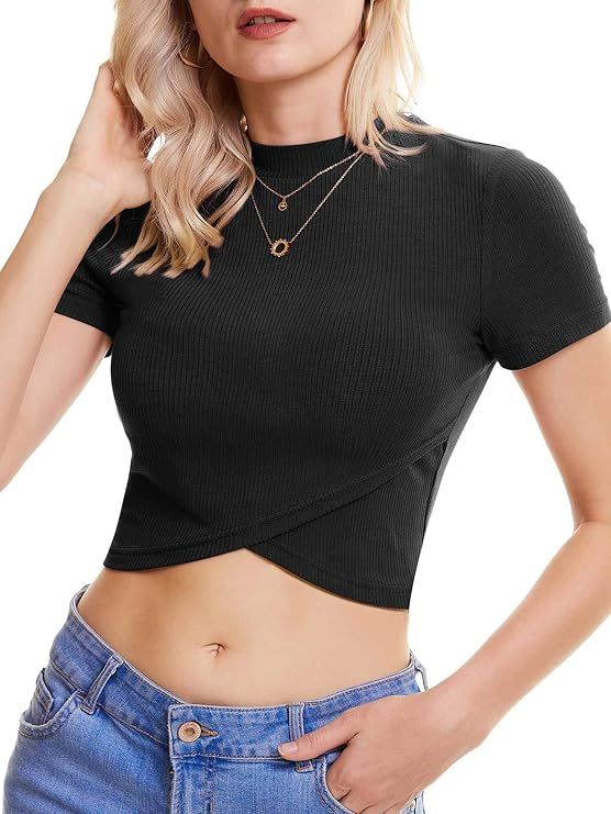 VETIOR Women's Cross Wrap Shirts Crop Tops Short Sleeve Slim Fit Knit Crop T-Shirts | Amazon (US)