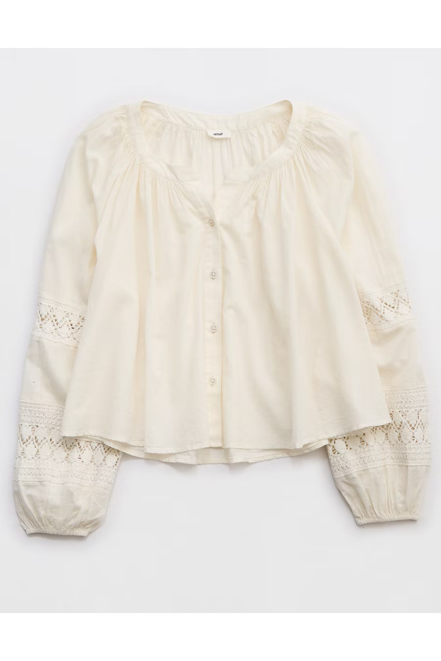 Aerie Long Sleeve Crochet Button Down Shirt Women's Natural XXS | American Eagle Outfitters (US & CA)