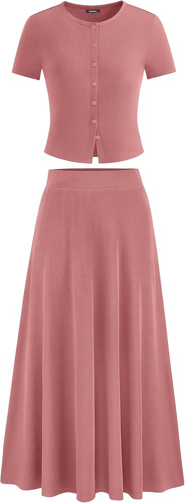 PRETTYGARDEN Women's 2 Piece Skirt Sets Summer Short Sleeve Button Up Knit Crop Top Flowy Maxi Sk... | Amazon (US)