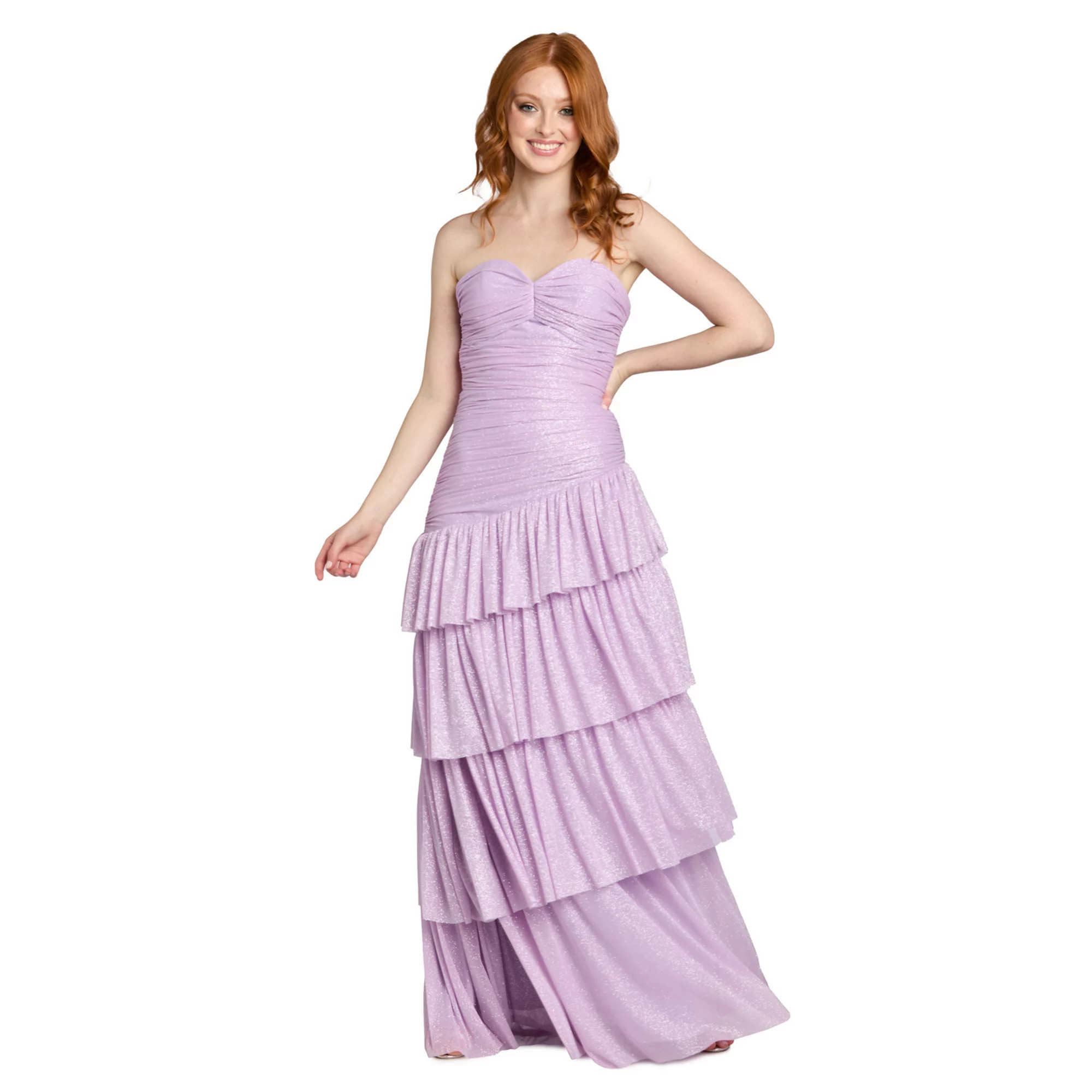 Juniors' Morgan and Co Ruched Strapless Asymmetrical Tiered Maxi Dress | Kohl's