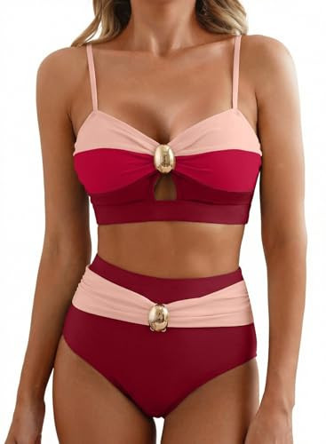 Herseas Women's 2 Piece Modest Sporty Bikini Sets Oval Metal Wire Free Swim Suits 2026 High Waisted Ruched Contrast Color Bathing Suits Summer Flattering Resort Wear Red Gradient X-Large | Amazon (US)