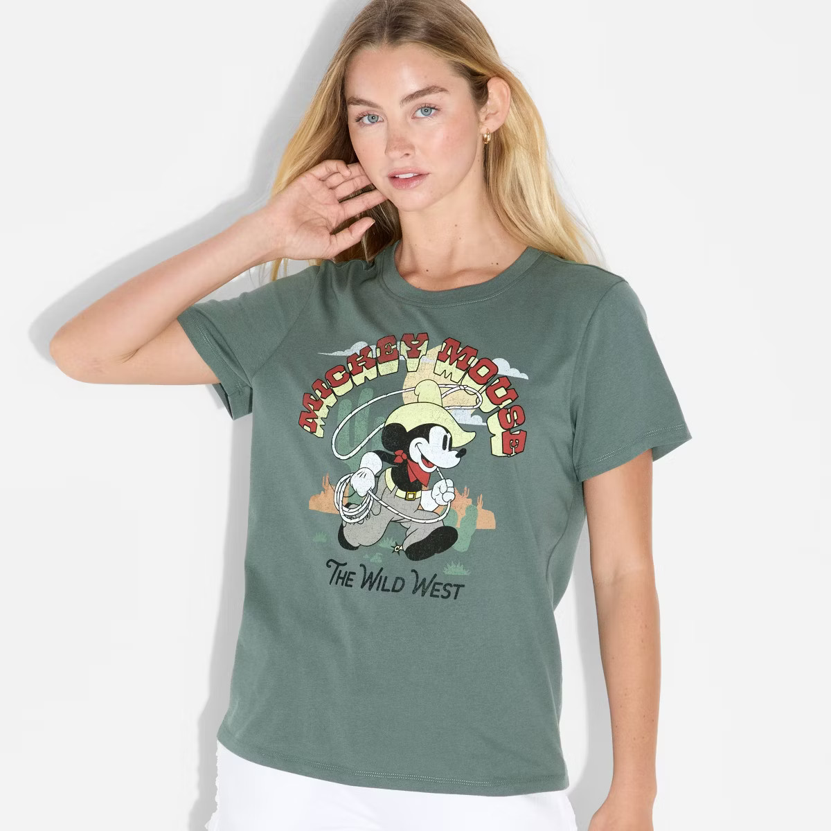 Women's Wild West Mickey Short Sleeve Graphic T-Shirt - Green M | Target