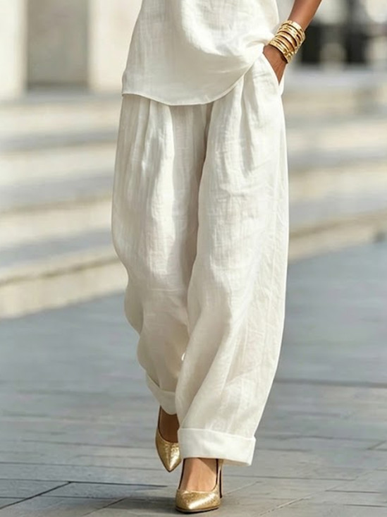 Cotton Casual Plain Wide Leg Pants Fashion Pants | Stylewe