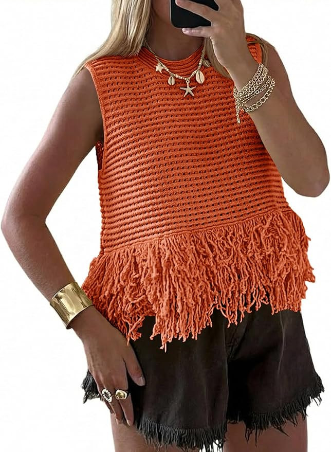 Saodimallsu Womens Crochet Crop Tank Tops Sleeveless Fringe Crew Neck Trendy Boho Knit Summer Swe... | Amazon (US)