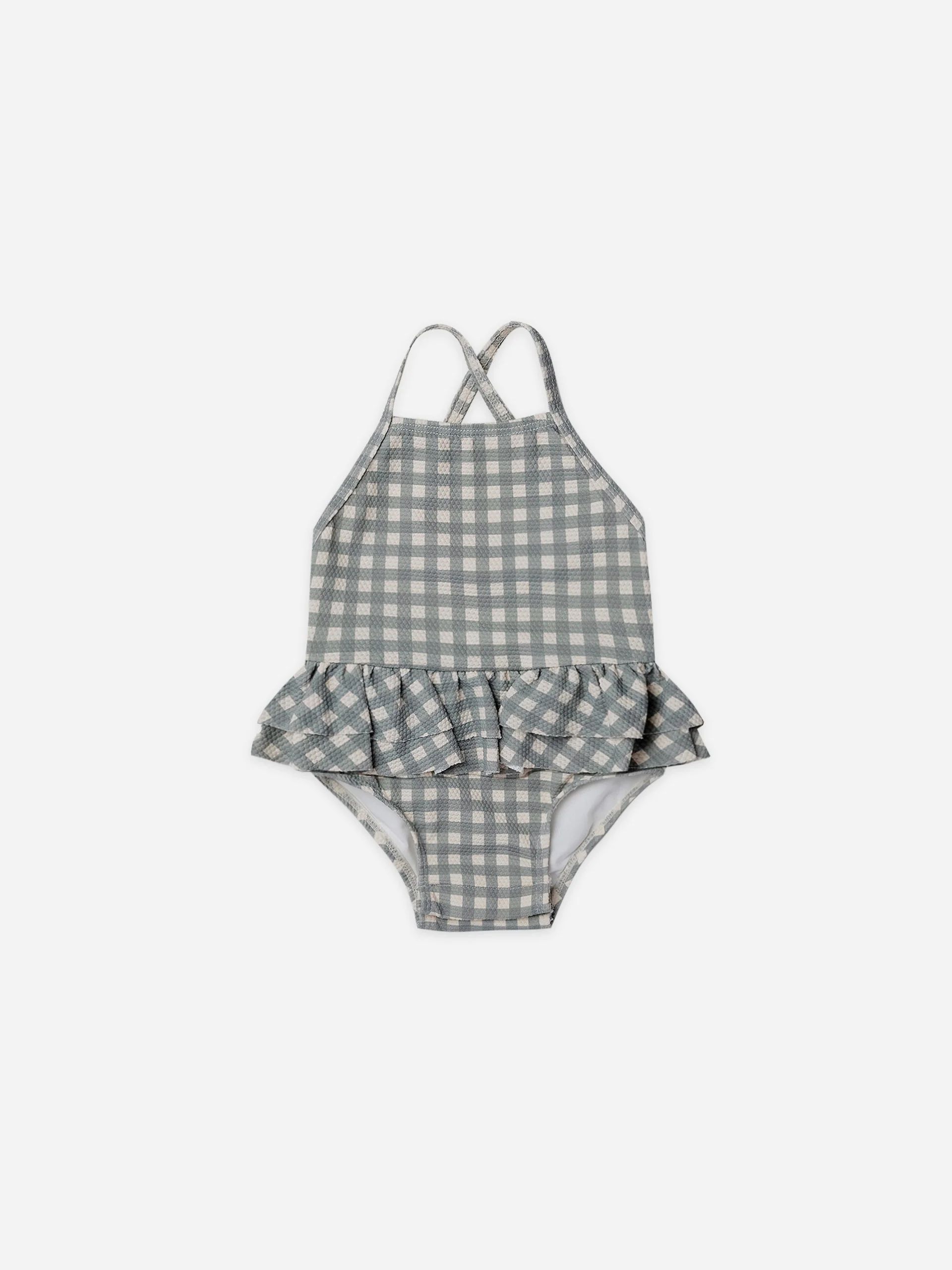 ruffled one piece swimsuit | sea green gingham | Quincy Mae