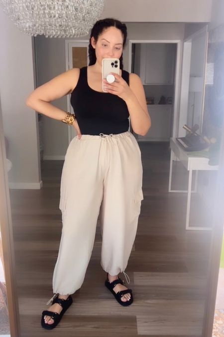 Casual chic everyday parachute pant and Steve Madden Mona sandals. Wearing 2X in the pant instead of my usual XL/1X.

#LTKover40 #LTKstyletip #LTKplussize
