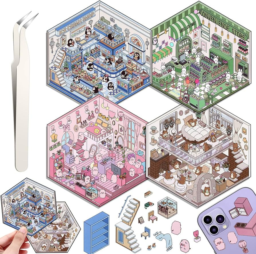 DIY 3D House Stickers, 4 Set Fun DIY Stickers Scene Make Your Own Warm Home, Supermarket, Coffee ... | Amazon (US)