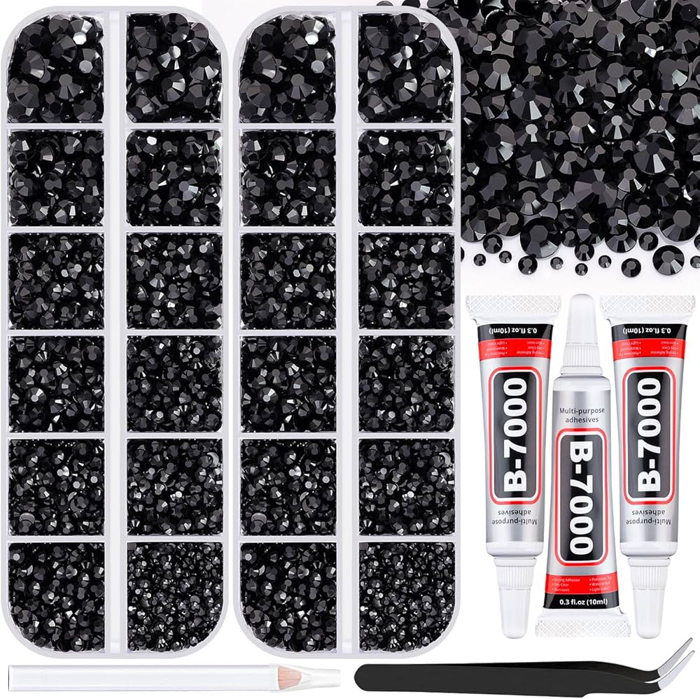 12000Pcs Resin Rhinestones for Bedazzling with 3Pcs B7000 Jewelry Glue, 2 Boxes Black Flatback Rh... | Amazon (US)