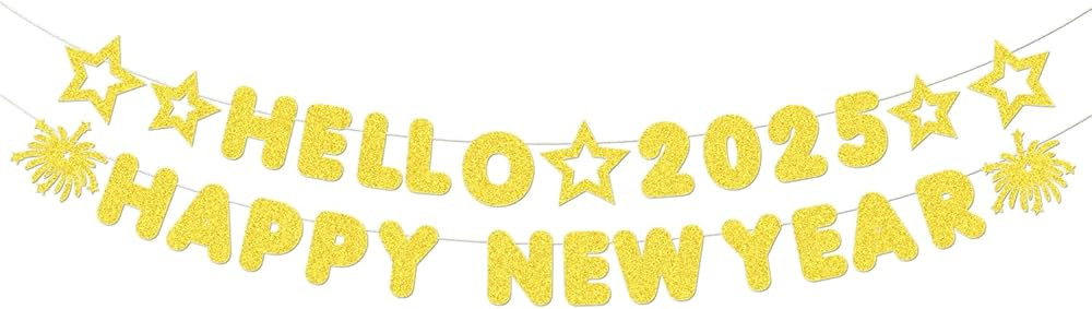Hello 2025 Happy New Year Decorations Banner – Pre-Assembled Glitter Gold Party Garland for New... | Amazon (US)