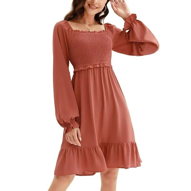 Curlbiuty Women's Long Sleeve Square Neck Casual Dress Ruffle Smocked A Line Midi Dresses - Walma... | Walmart (US)