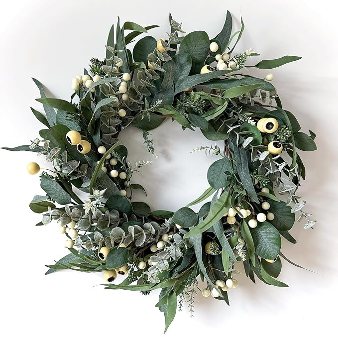 Wreaths for Front Door 22 Inch, All Season Greenery Wreath Olive Eucalyptus Leaves and White Mixe... | Amazon (US)