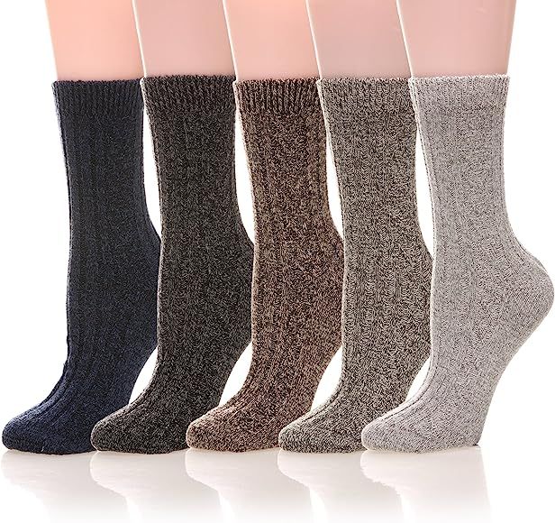Womens 5 Pairs Soft Thick Comfort Casual Cotton Warm Wool Crew Winter Socks | Amazon (US)