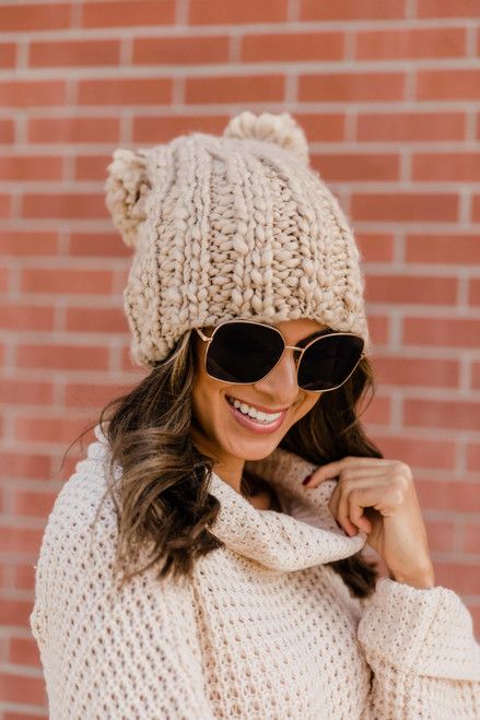 Warms My Heart Beige Double Pom Beanie | The Pink Lily Boutique