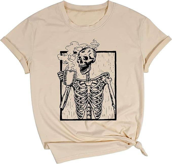 Hot Coffee Skeleton Shirt Women Halloween Skeleton Tshirt Funny Skull Graphic Tees Casual Fall Sh... | Amazon (US)