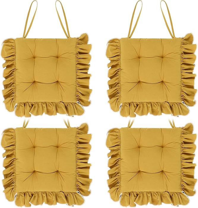 Wenqik 4-Pack Ruffled Chair Cushions with Ties, 16"x16" Turmeric Cotton Fabric Non-Slip Seat Pads... | Amazon (US)